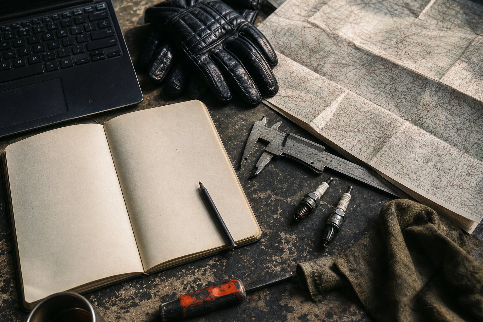 Riding gear, route map and tools on a dark workbench
